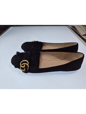 Gucci Marmont GG Fringe Suede Loafers Women's Black Flats Size 38 IT